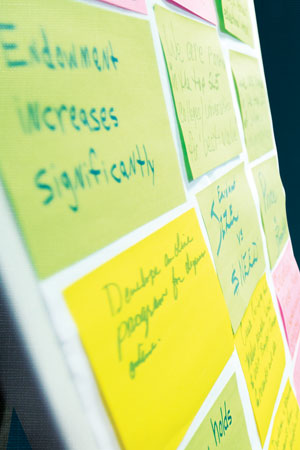 Board with colored post-it notes representing ideas for Our Strategic Vision